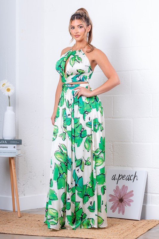 LEAF PRINT SLEEVELESS MAXI DRESS