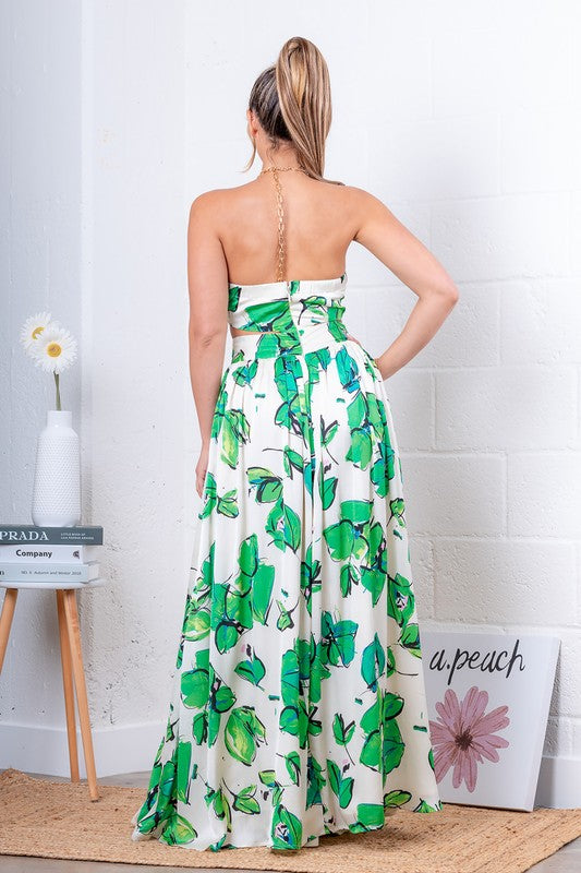 LEAF PRINT SLEEVELESS MAXI DRESS