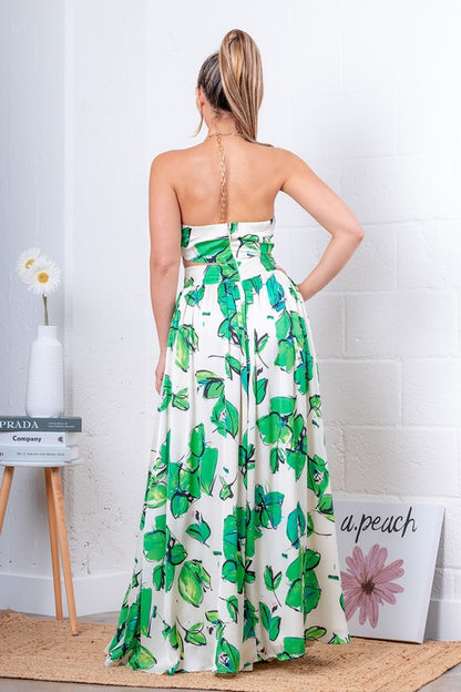 LEAF PRINT SLEEVELESS MAXI DRESS