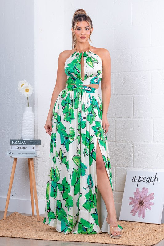 LEAF PRINT SLEEVELESS MAXI DRESS