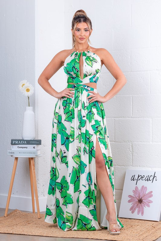 LEAF PRINT SLEEVELESS MAXI DRESS