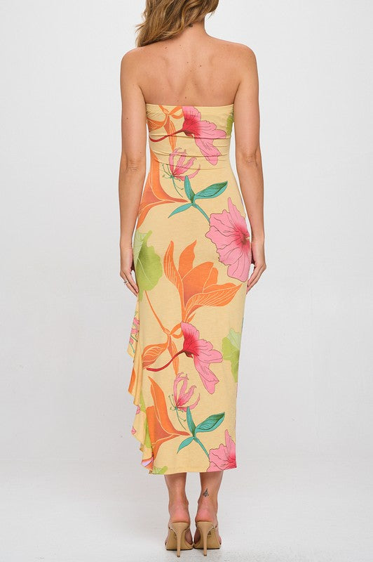 FLORAL RUFFLE SLIT MIDI DRESS