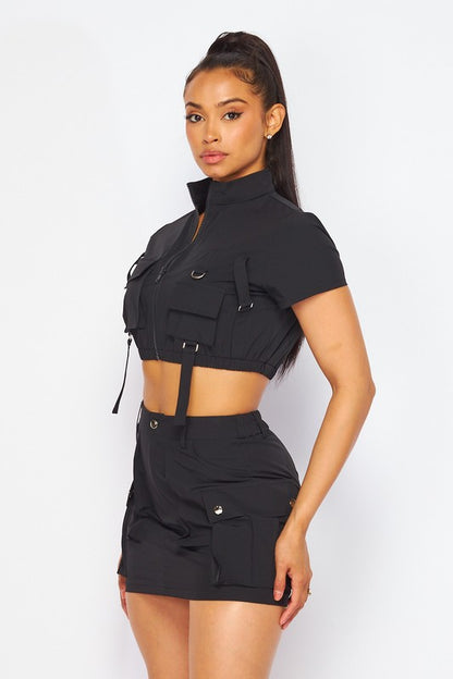 Trophy Wife Nylon Cargo Pocket Top and Skirt Set