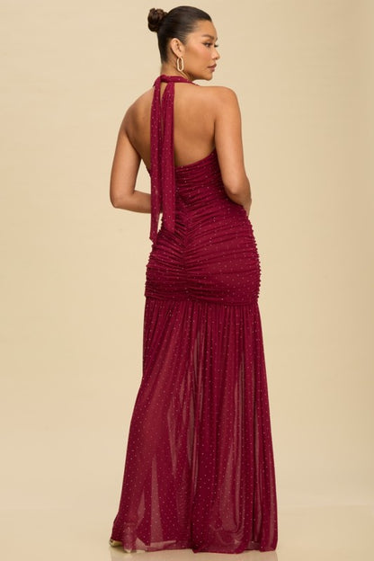 STUDDED RUCHED HALTER MAXI PARTY DRESS