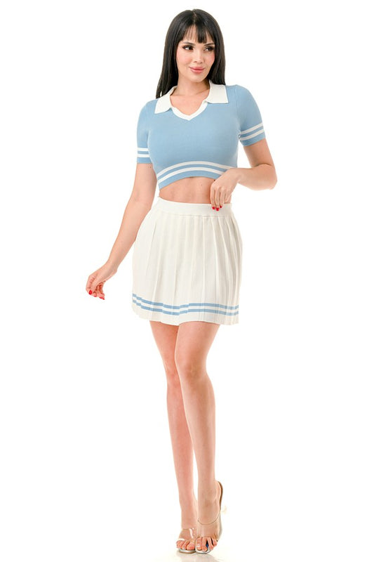 V Neck Crop Top and Mini Tennis Skirt Set