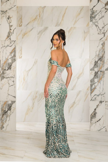 OFF-SHOULDER OMBRE SEQUIN MAXI DRESS WITH CORSET TOP