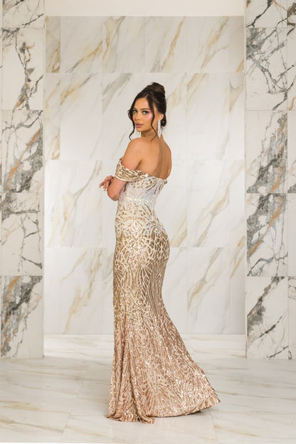 OFF-SHOULDER OMBRE SEQUIN MAXI DRESS WITH CORSET TOP