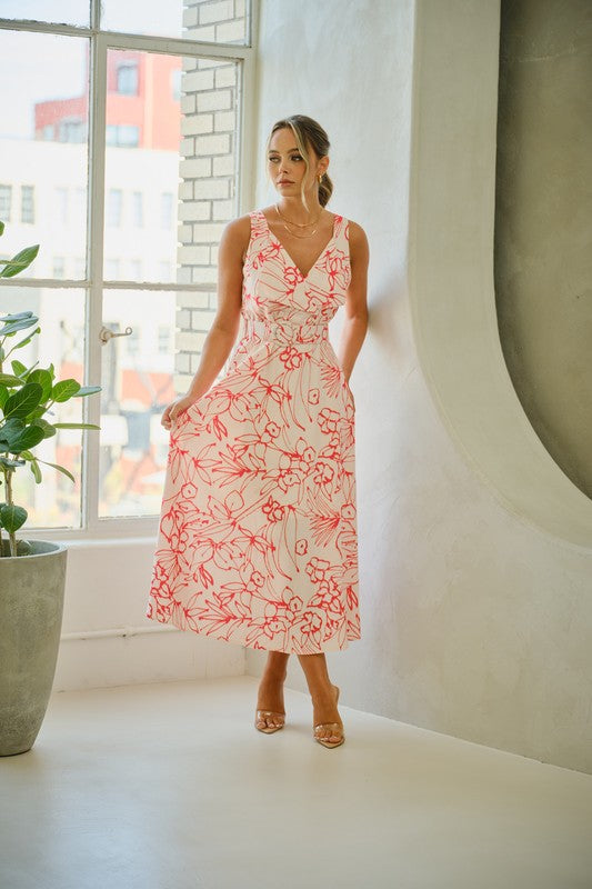 FLORAL PRINT V-NECK WIDE STRAP DRESS
