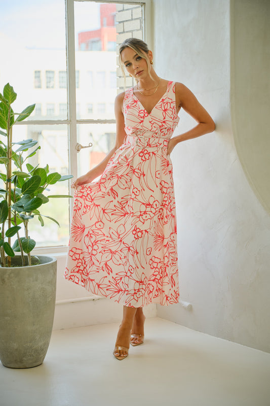 FLORAL PRINT V-NECK WIDE STRAP DRESS