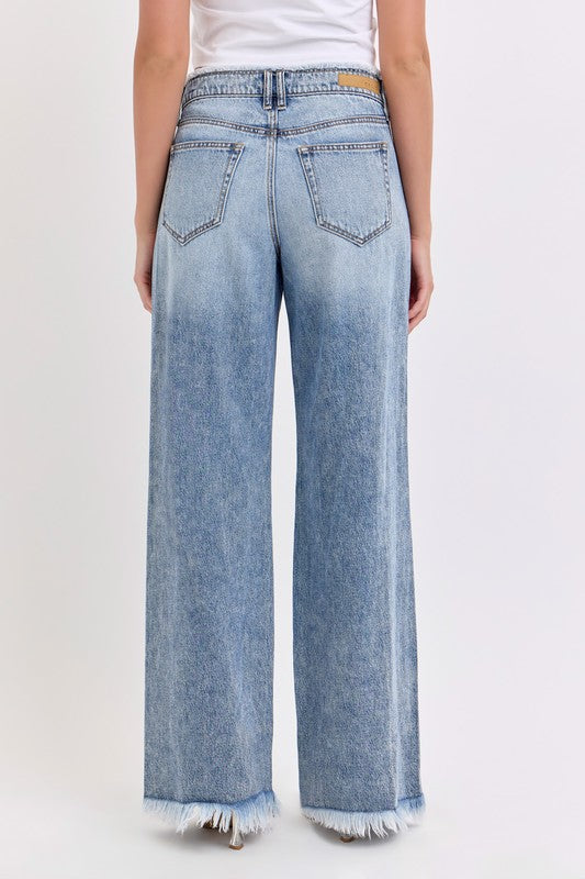 MID RISE DESTROY WIDE LEG DENIM PANTS