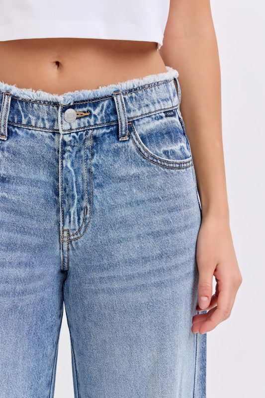 MID RISE DESTROY WIDE LEG DENIM PANTS