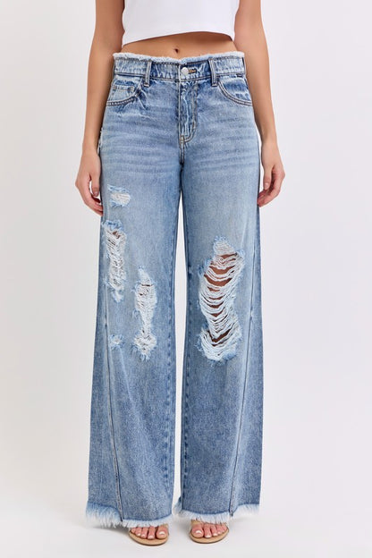 MID RISE DESTROY WIDE LEG DENIM PANTS