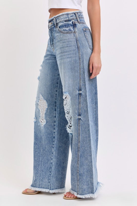 MID RISE DESTROY WIDE LEG DENIM PANTS