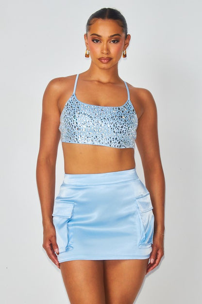 Amani Satin Rhinestone Crop Top & Mini Skirt Set