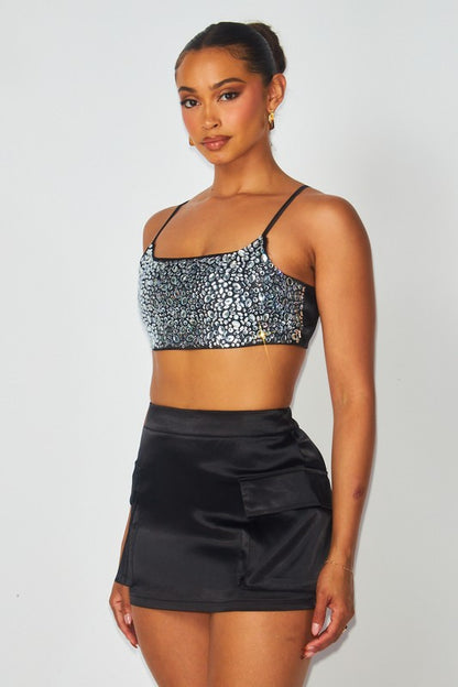 Amani Satin Rhinestone Crop Top & Mini Skirt Set