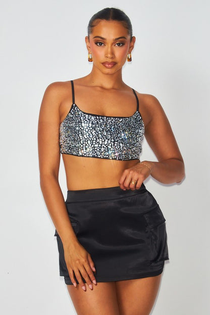 Amani Satin Rhinestone Crop Top & Mini Skirt Set