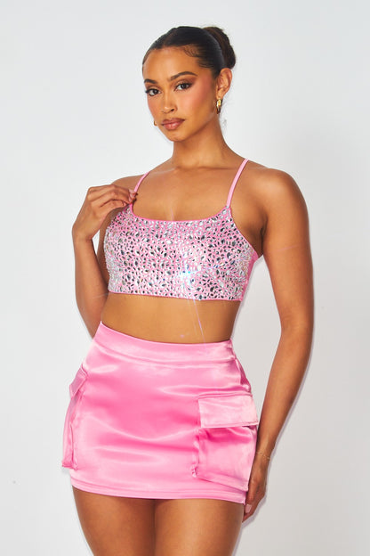 Amani Satin Rhinestone Crop Top & Mini Skirt Set