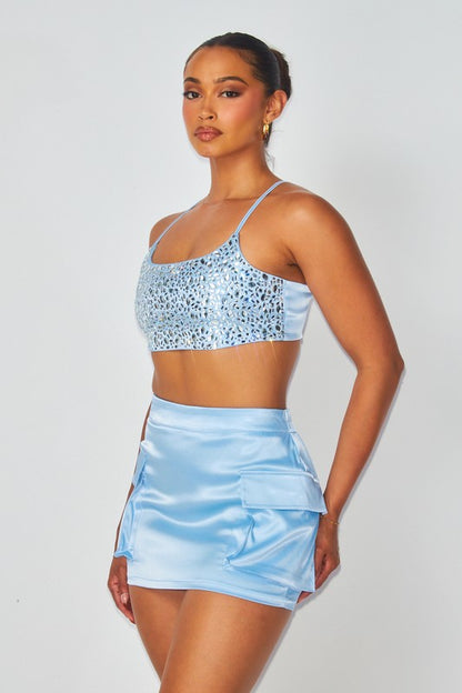 Amani Satin Rhinestone Crop Top & Mini Skirt Set