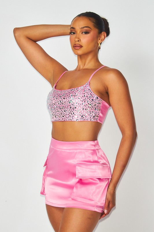 Amani Satin Rhinestone Crop Top & Mini Skirt Set