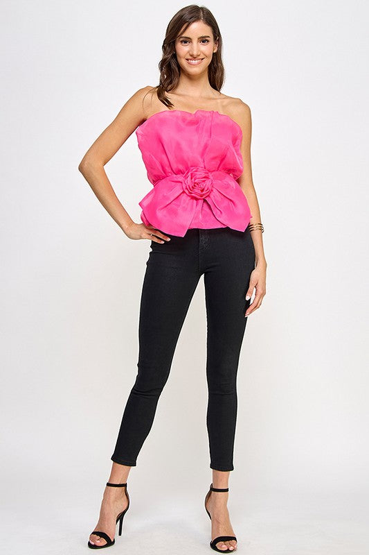 STRAPLESS ORGANZA PEPLUM TOP WITH FLOWER CORSAGE BOW