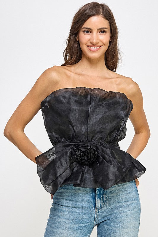 STRAPLESS ORGANZA PEPLUM TOP WITH FLOWER CORSAGE BOW