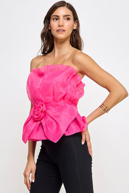 STRAPLESS ORGANZA PEPLUM TOP WITH FLOWER CORSAGE BOW