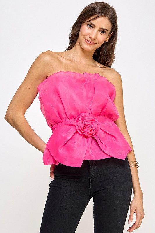 STRAPLESS ORGANZA PEPLUM TOP WITH FLOWER CORSAGE BOW