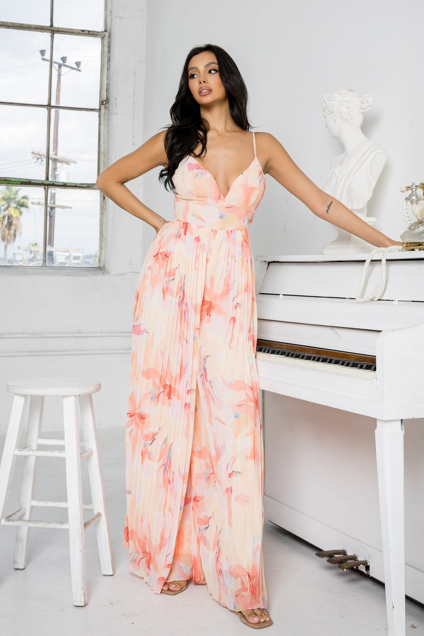 Romantic Floral Chiffon Winkled Palazzo Jumpsuit