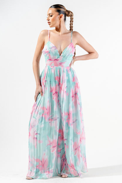 Romantic Floral Chiffon Winkled Palazzo Jumpsuit