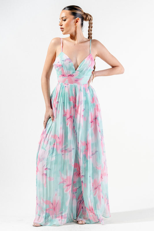 Romantic Floral Chiffon Winkled Palazzo Jumpsuit