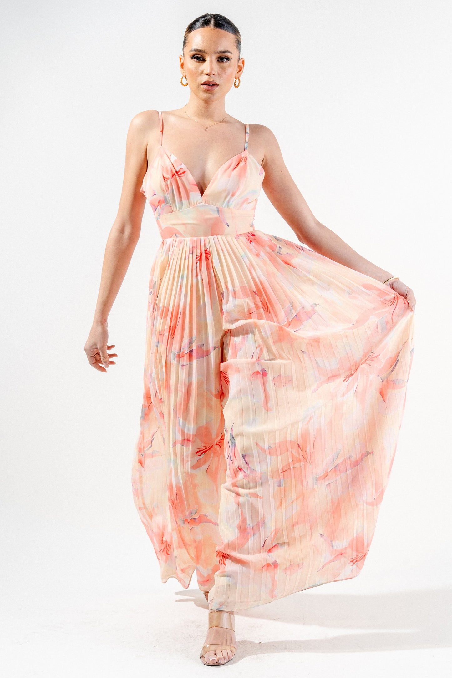 Romantic Floral Chiffon Winkled Palazzo Jumpsuit
