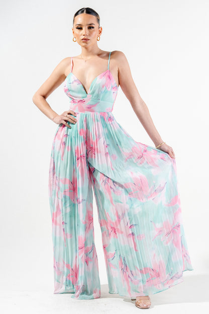 Romantic Floral Chiffon Winkled Palazzo Jumpsuit
