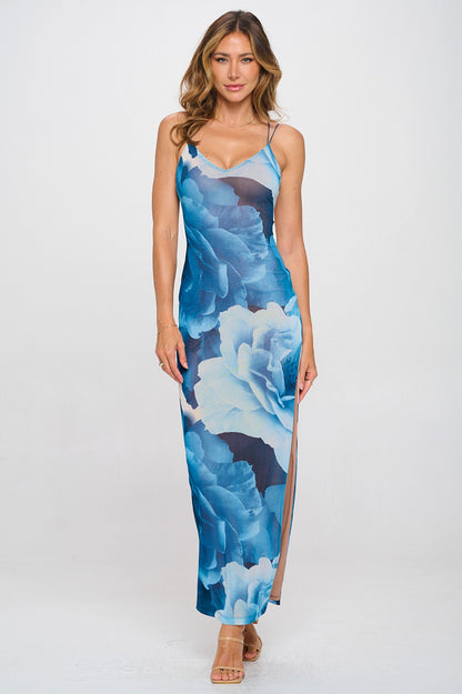 FLORAL CROSSBACK SLIT MAXI PRINTED DRESS
