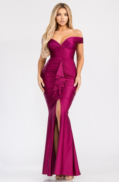 SATIN RUFFLE ELEGANT MAXI DRESS