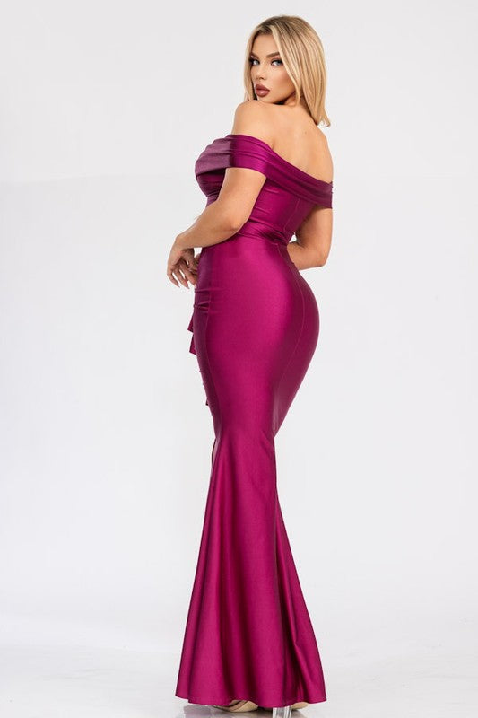 SATIN RUFFLE ELEGANT MAXI DRESS