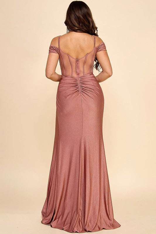 SHIMMERT DROP SHOULDER AND SPAGHETTI STRAP SHEER CORSET MAXI DRESS WITH SIDE SLIT