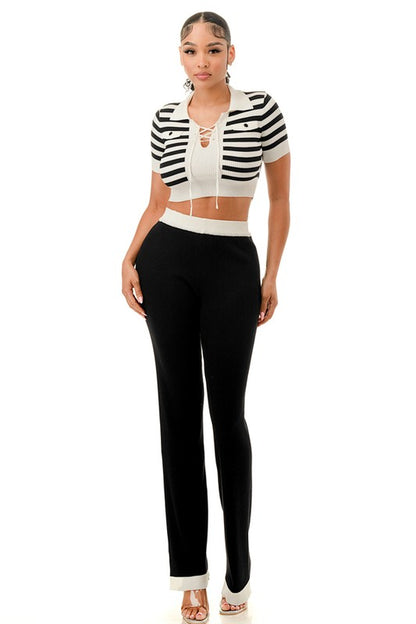 COLLARED STRIPED CROP TOP AND WIDE LEG PANTS SET