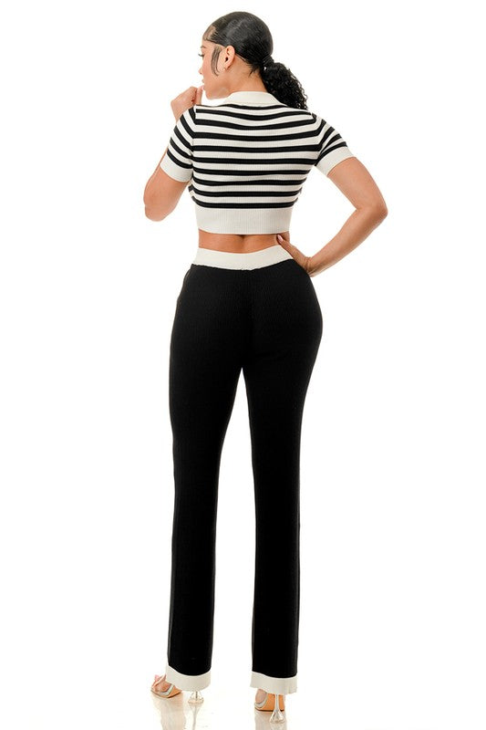 COLLARED STRIPED CROP TOP AND WIDE LEG PANTS SET