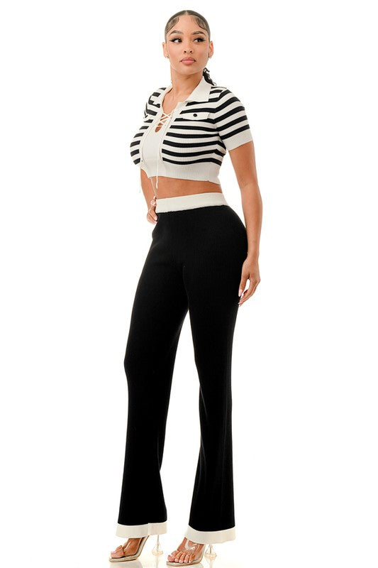 COLLARED STRIPED CROP TOP AND WIDE LEG PANTS SET