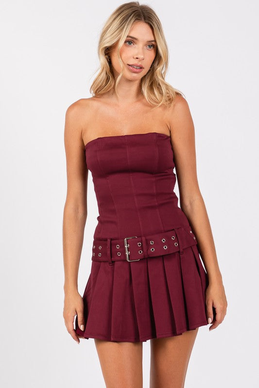 BANDEAU BUCKLE BELT PLEATED MINI DRESS