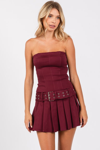 BANDEAU BUCKLE BELT PLEATED MINI DRESS