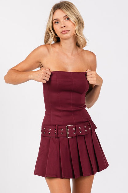 BANDEAU BUCKLE BELT PLEATED MINI DRESS