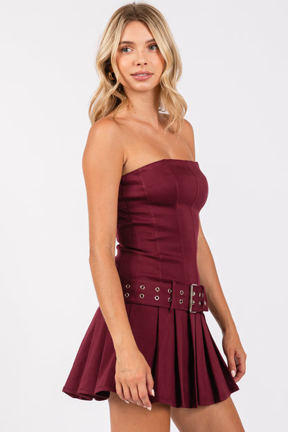 BANDEAU BUCKLE BELT PLEATED MINI DRESS