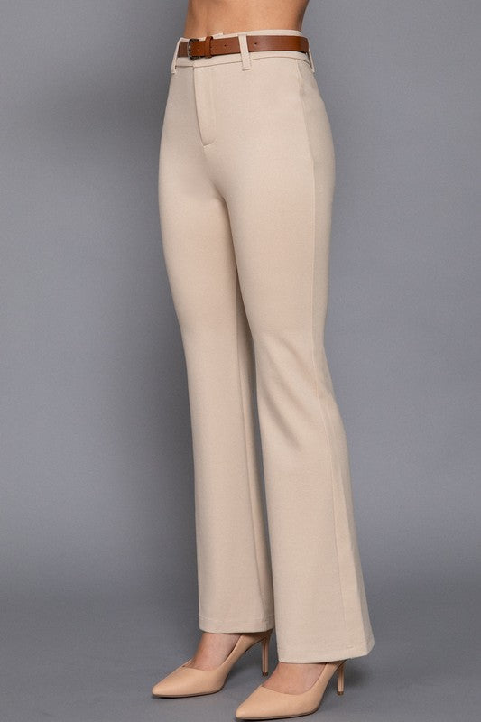 SEMI FLARE PONTE PANTS WITH LEATHER BELT