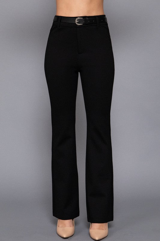 SEMI FLARE PONTE PANTS WITH LEATHER BELT