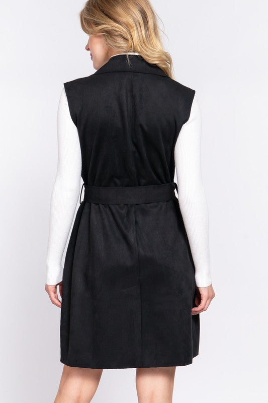 NOTCHED COLLAR BELTED FAUX SUEDE VEST