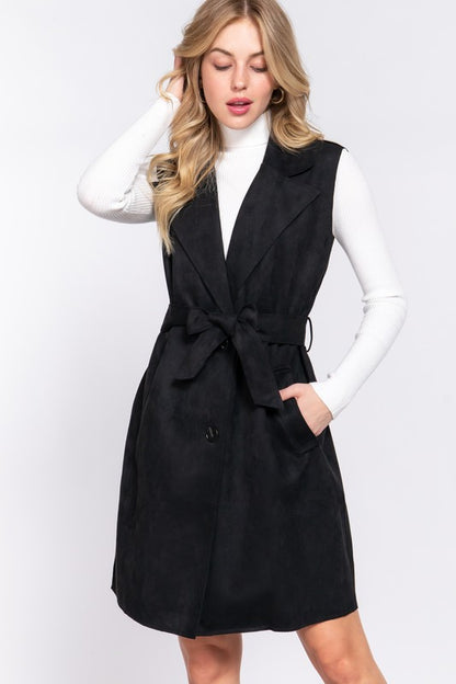 NOTCHED COLLAR BELTED FAUX SUEDE VEST