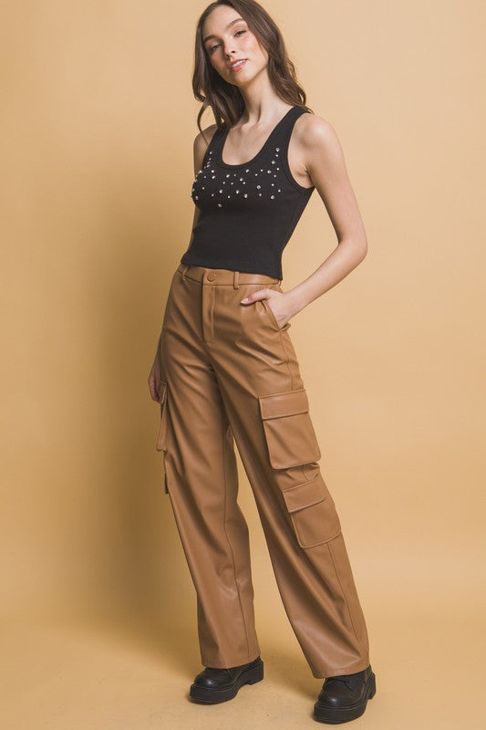 RELAXED FAUX LEATHER CARGO PANTS