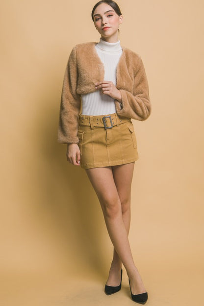 LONG SLEEVE OPEN FRONT CROPPED FAUX FUR JACKET