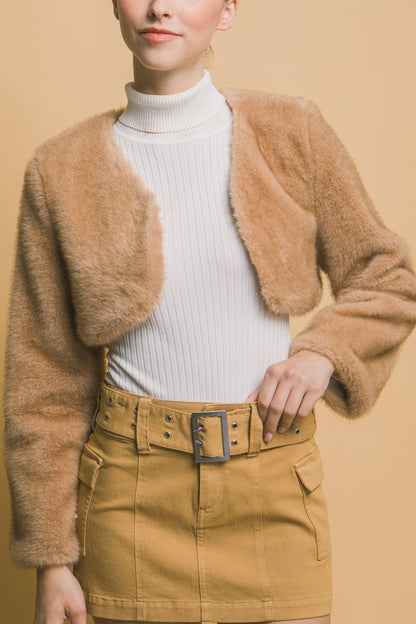 LONG SLEEVE OPEN FRONT CROPPED FAUX FUR JACKET